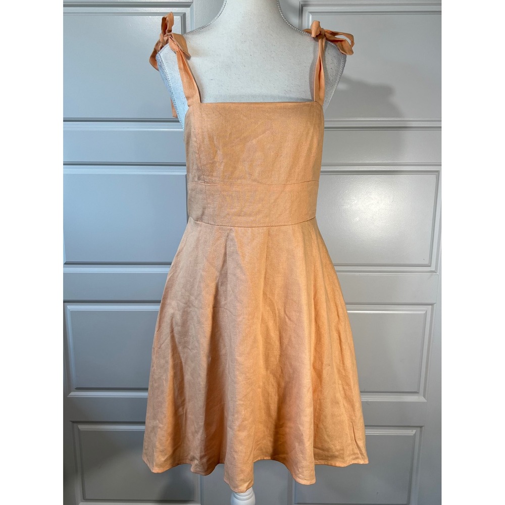 GB Apricot Peach Orange Linen Blend Fit Flare Dress Tie Strap Sleeveless Medium